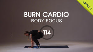 A fitness video cover for 'BURN CARDIO BODY FOCUS LEVEL 2' showing a woman in a bodyweight exercise pose on a black mat against a gray studio background, with large white title text and a yellow 'LEVEL 2' banner in the top right.